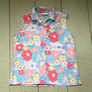 Vintage floral button up sleeveless chambray shirt